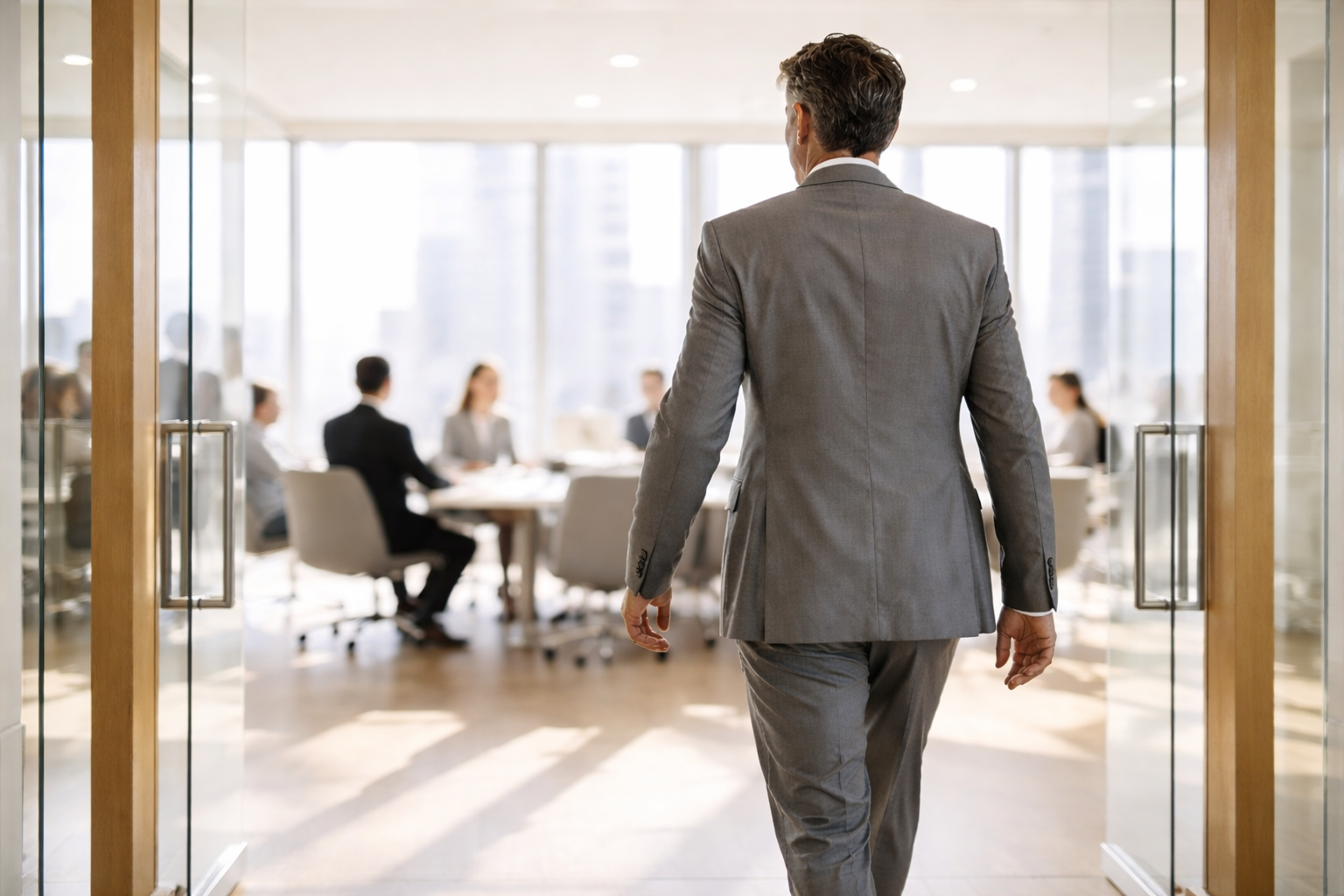 Executive walking confidently into a boardroom