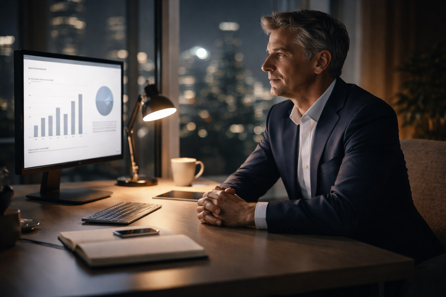 Executive preparing board presentation materials late at night