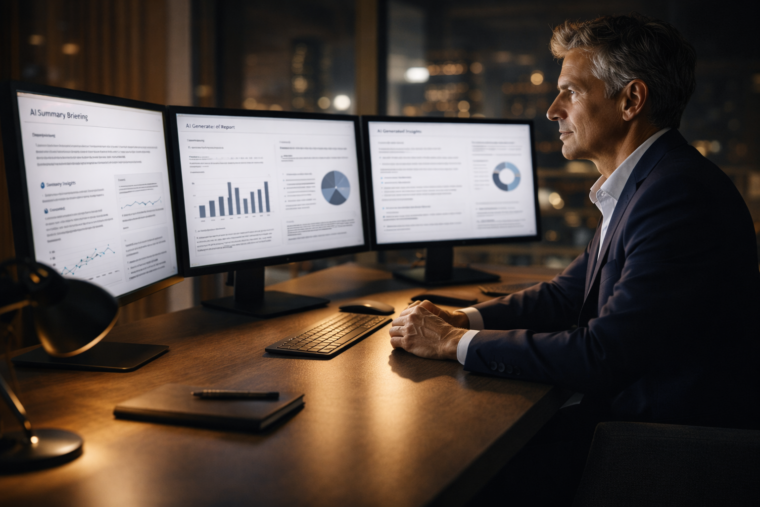 Executive reviewing AI-generated analysis at a modern desk with multiple screens
