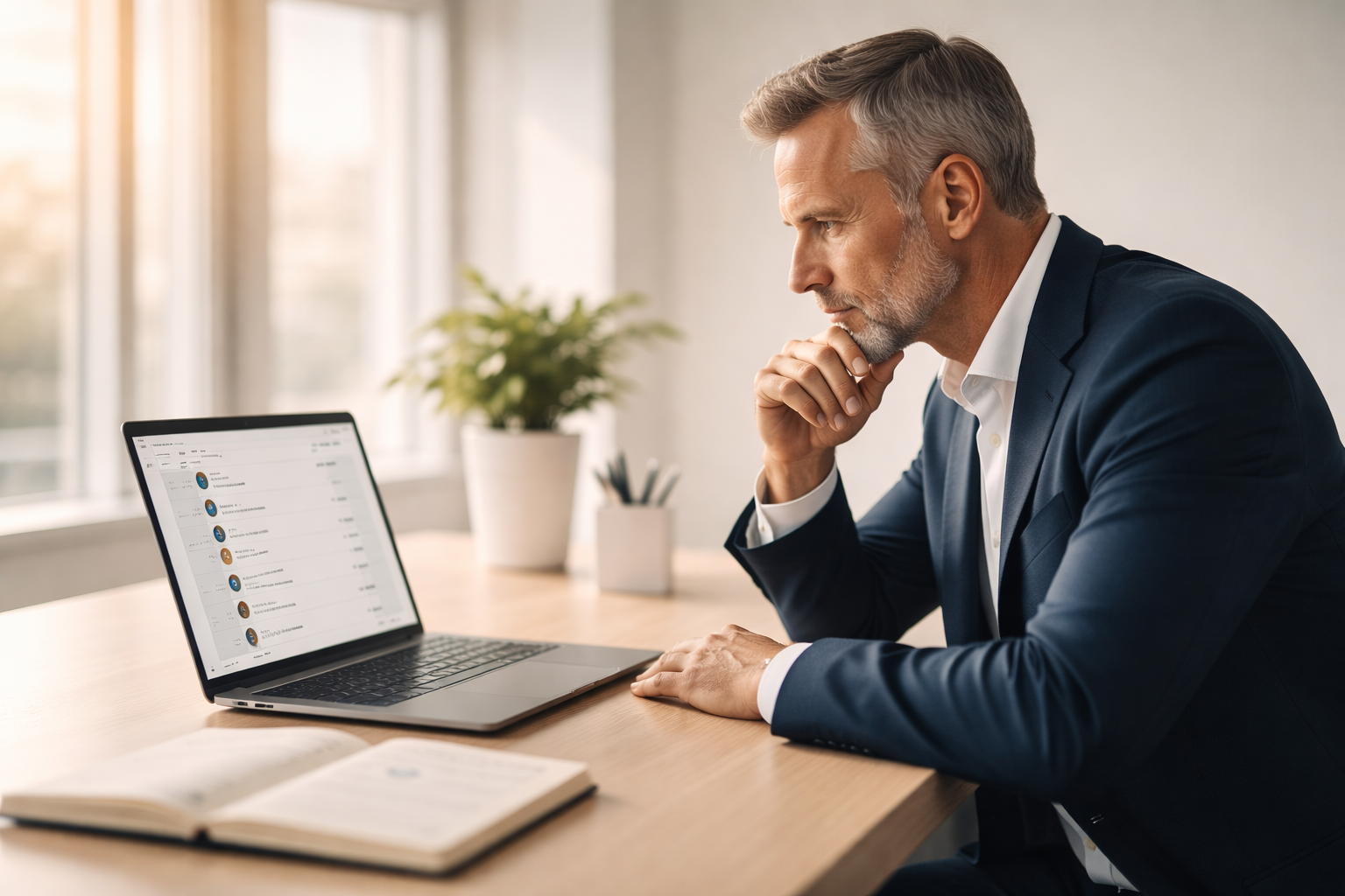 Executive reviewing notes and stakeholder communications