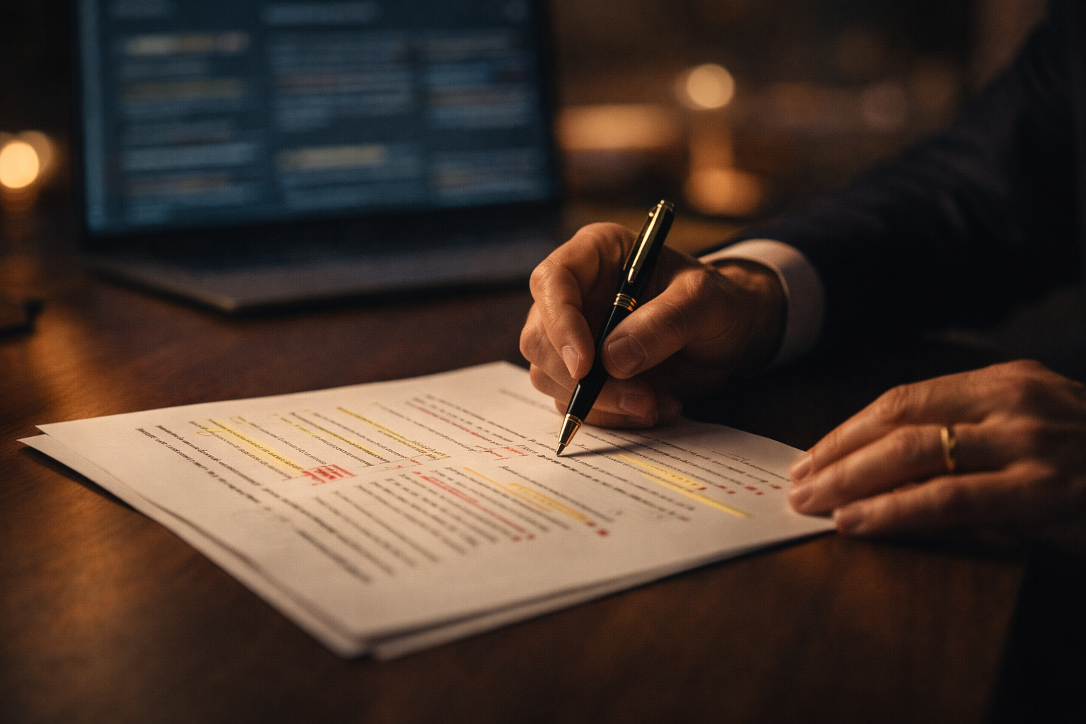 Executive reviewing a marked-up strategy document with Claude analysis