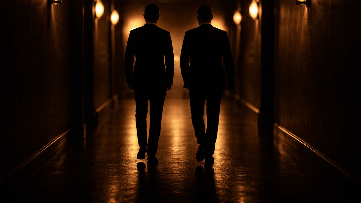 Two colleagues walking out of a private meeting, one looking reflective