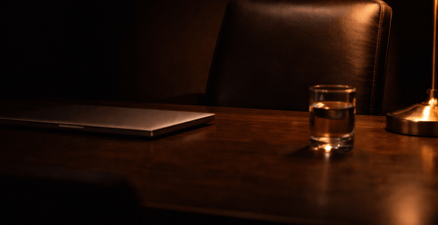 Executive pausing before a difficult conversation in a quiet conference room