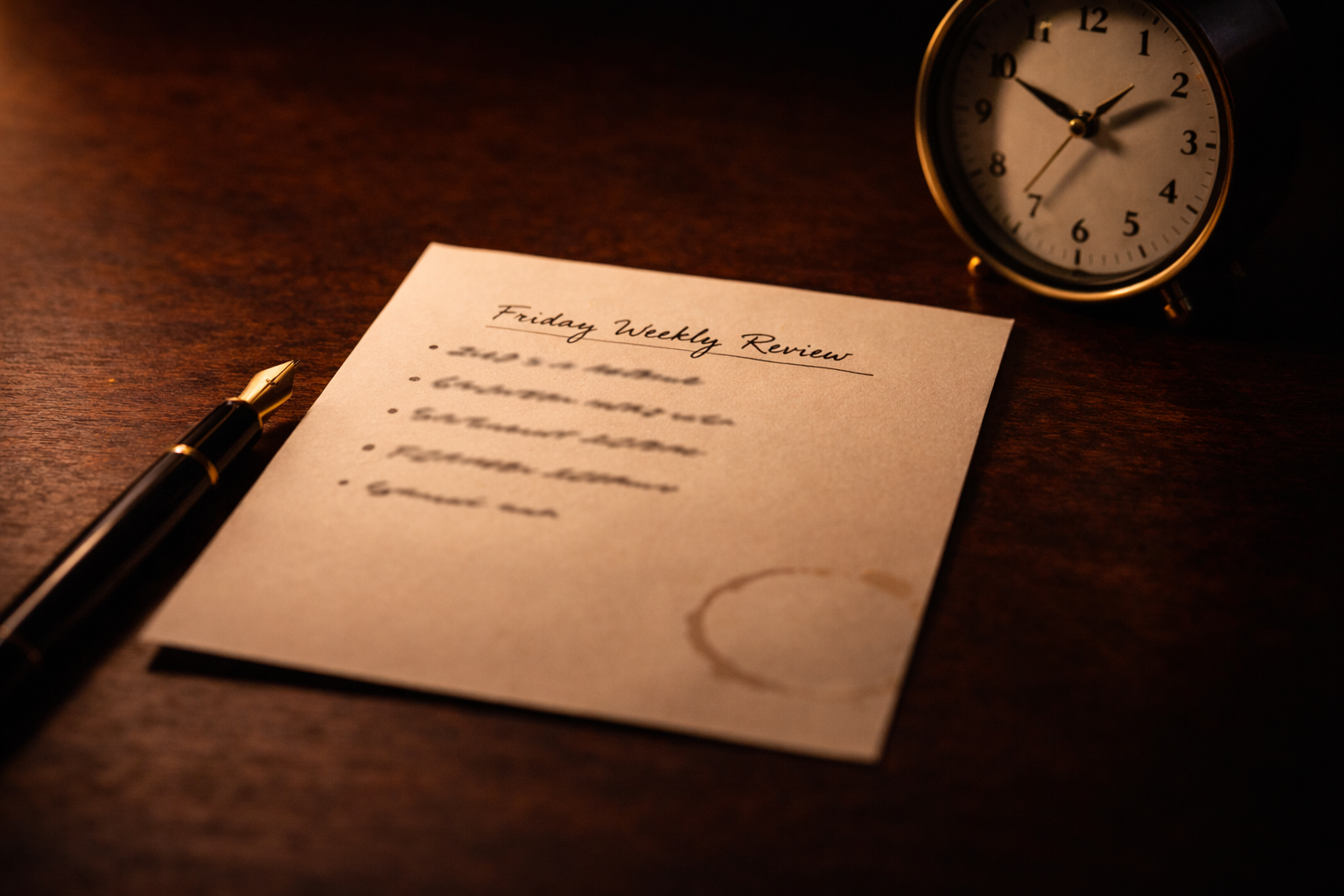 Friday afternoon weekly review in a notebook with a Claude chat window