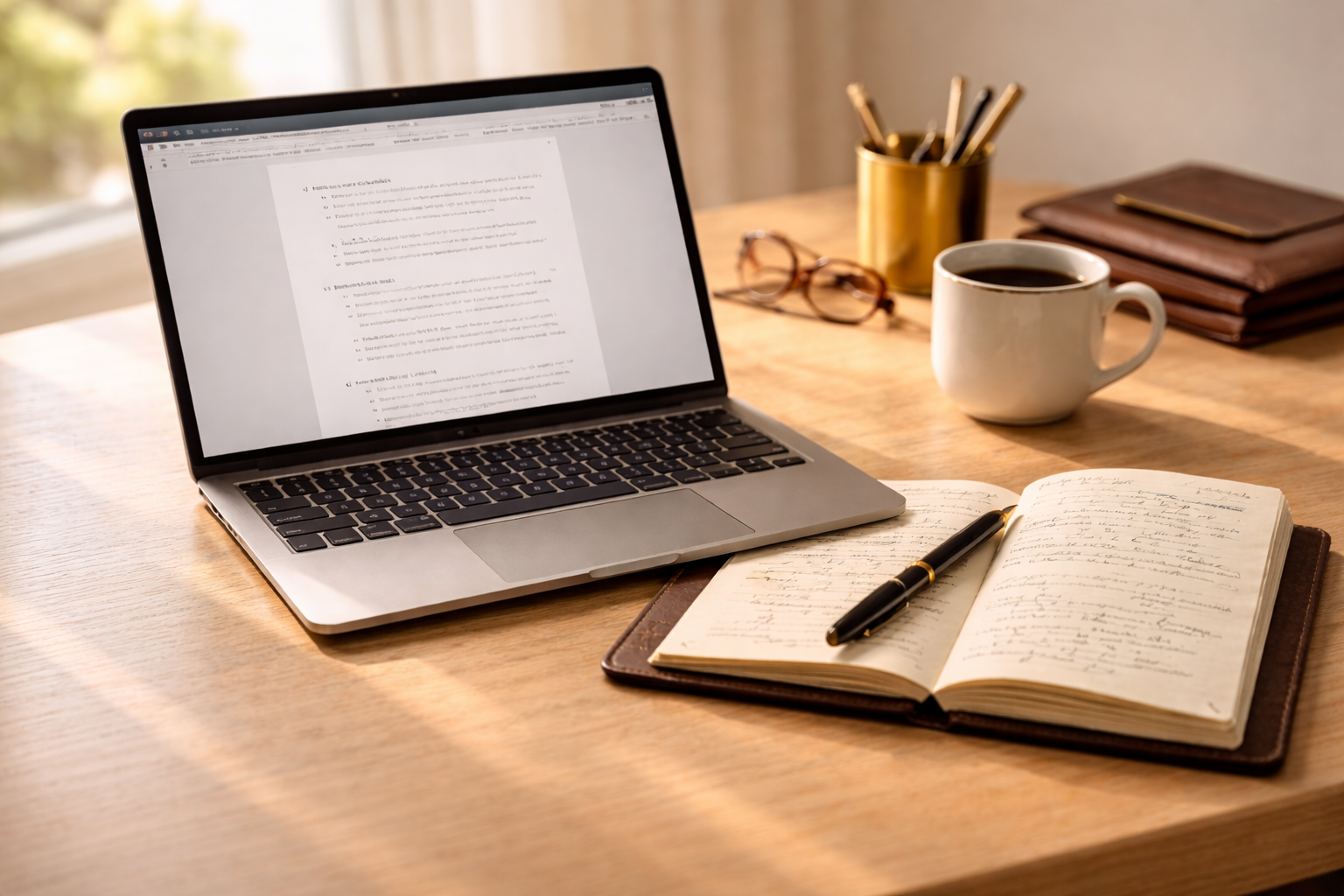 Manager preparing an AI-assisted performance review at a desk with warm lighting