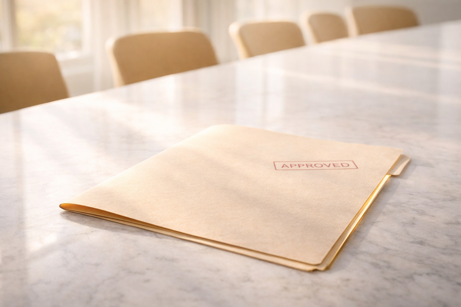 Approved business case memo lying on a conference table under warm gold lighting