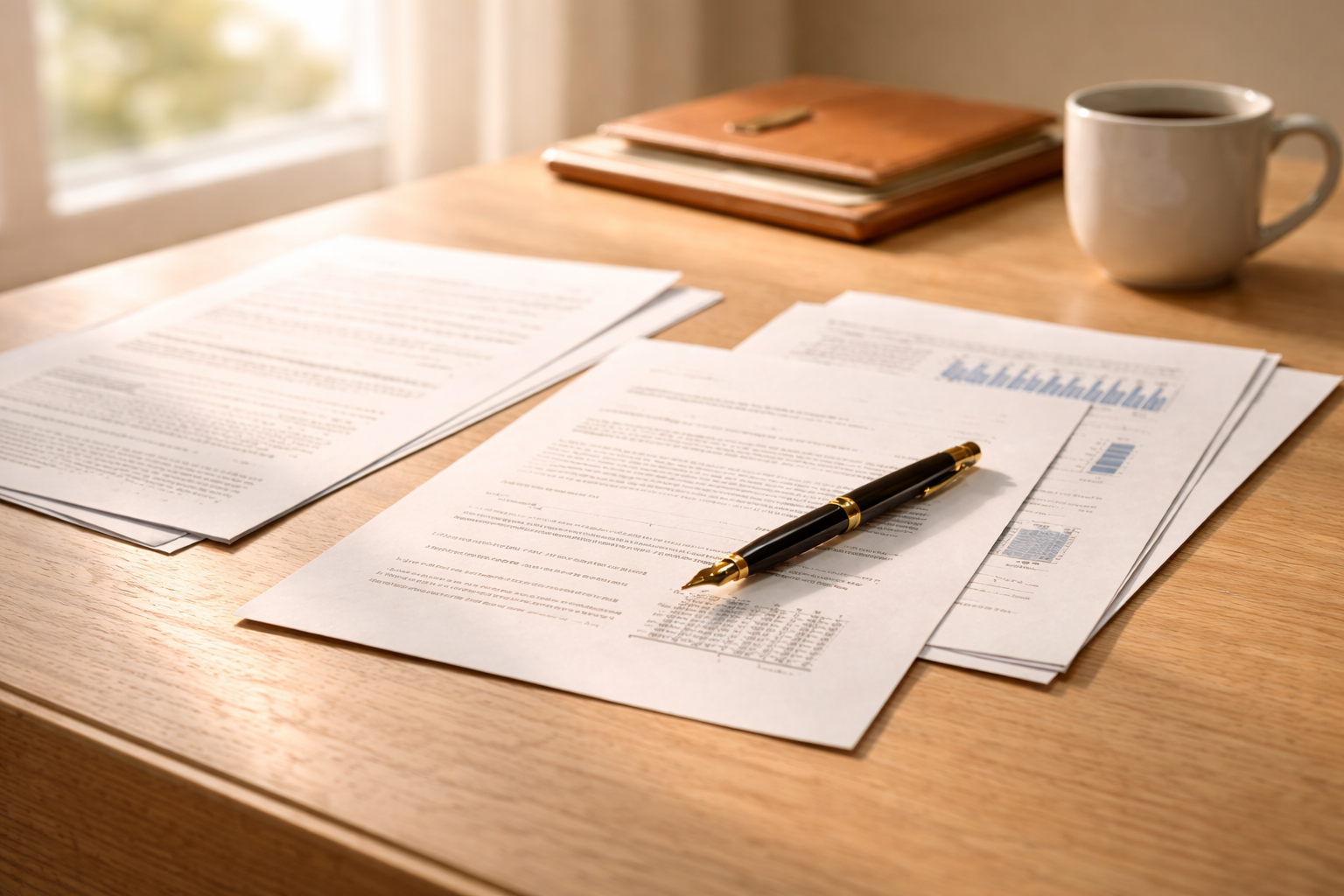 Executive drafting an AI for business case writing proposal at a warmly lit desk