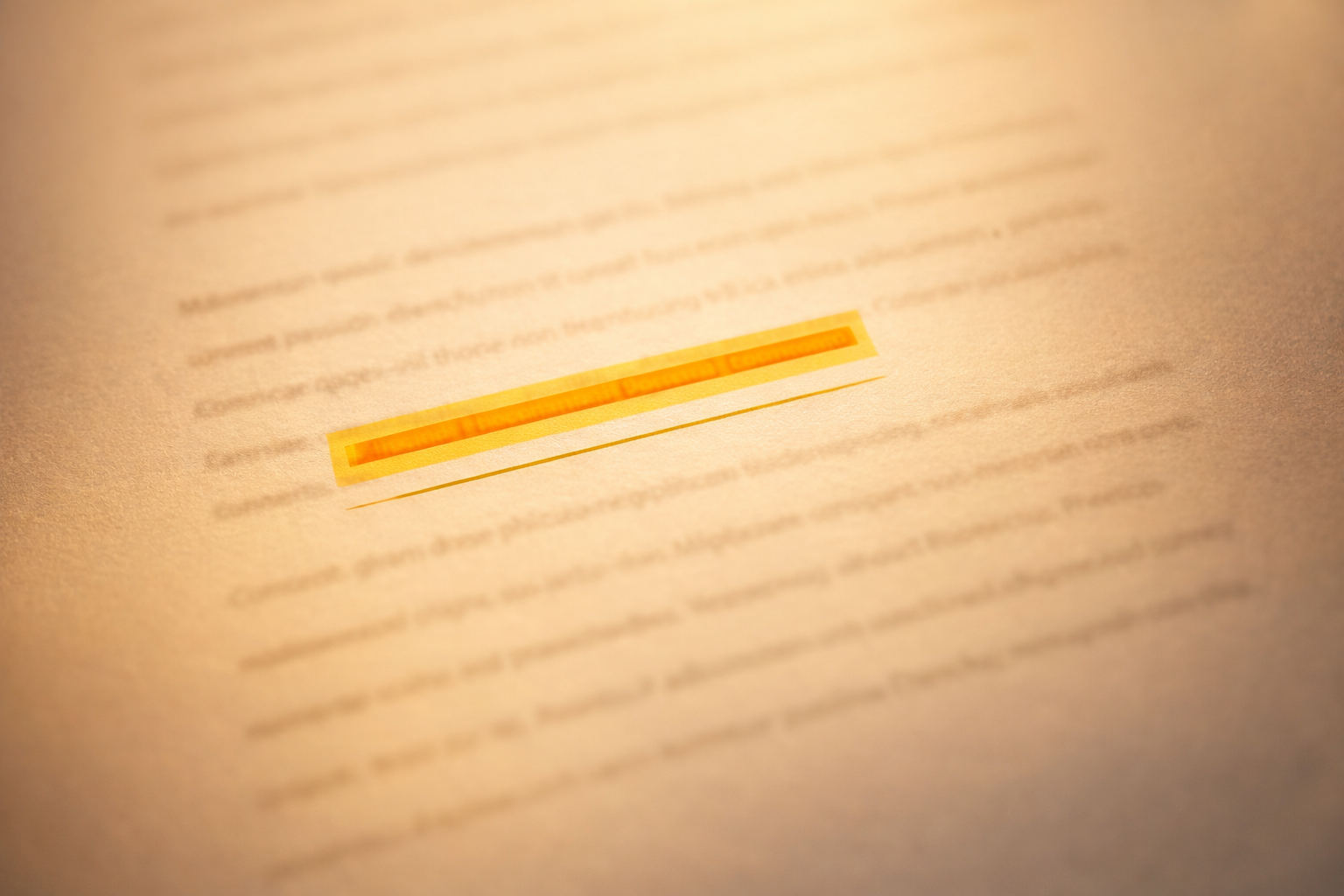 A single amber-highlighted paragraph lifted from a dense column of blurred text, illustrating AI for executive summaries extraction