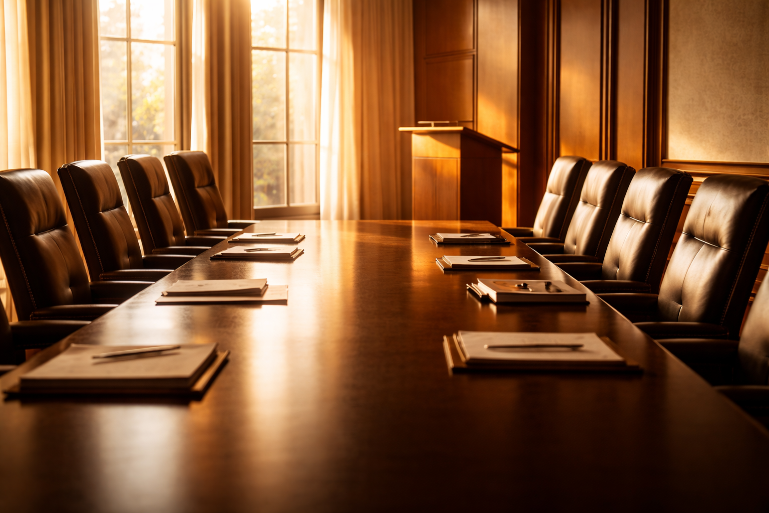 An empty boardroom lectern at dusk with warm gold lighting, representing readiness after AI for executive summaries verification