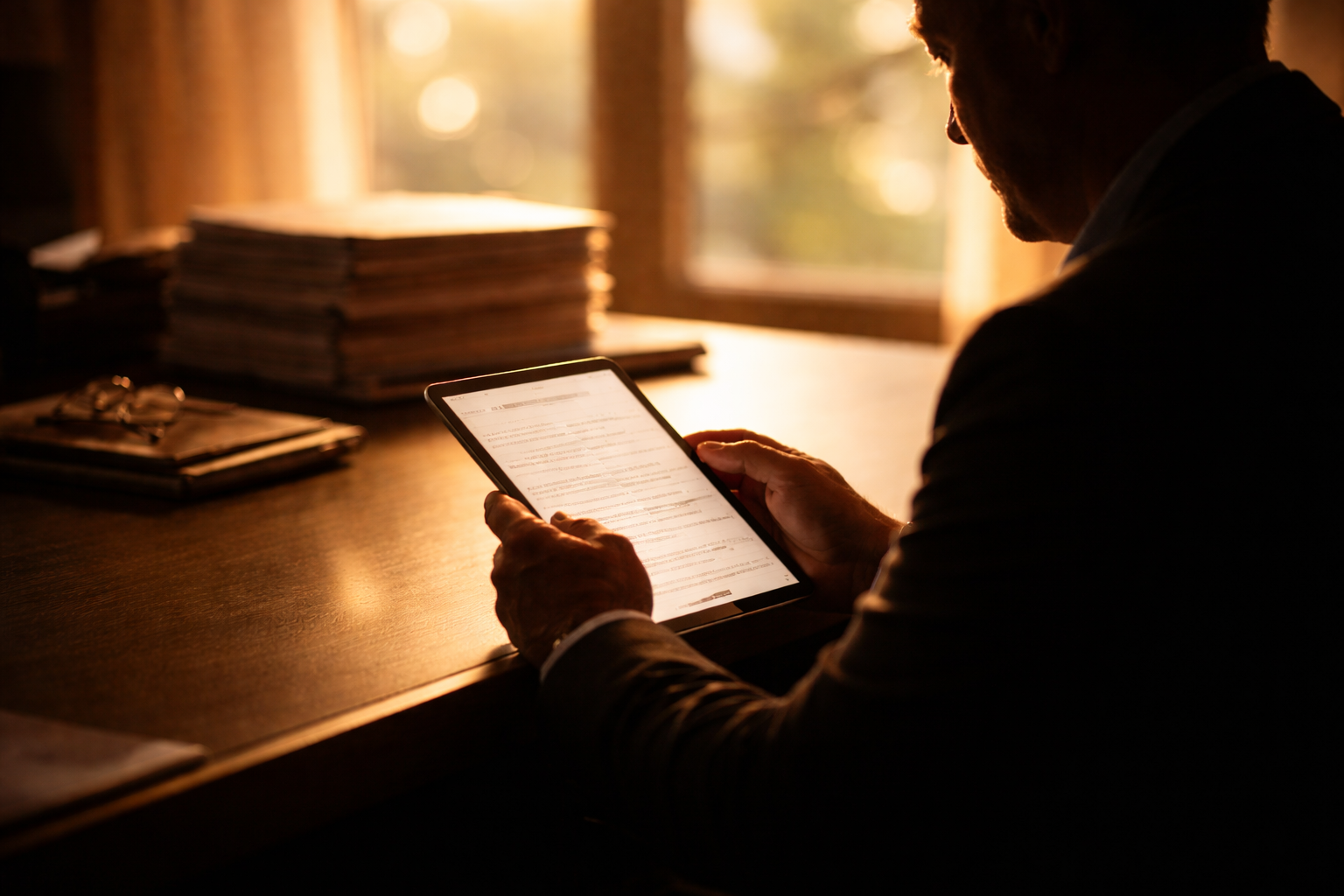 Executive reviewing an AI for executive summaries briefing on a tablet beside a dense printed report