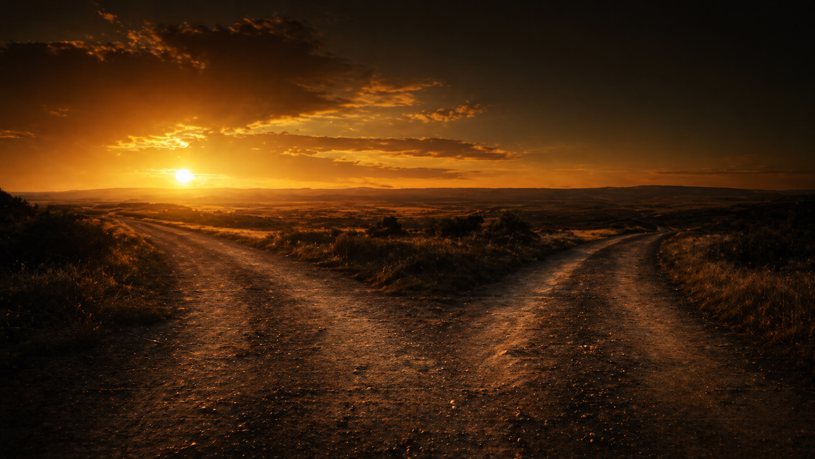 A forked path at dusk illustrating scenario analysis and AI thinking partner pressure-testing for executives