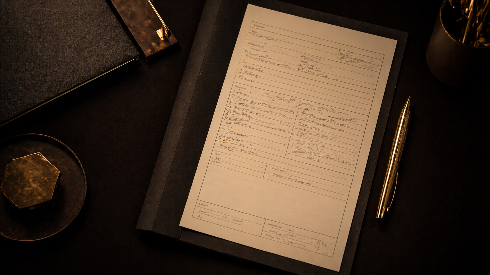 A structured leadership context brief on a dark desk — preparing AI as a thinking partner for an executive session