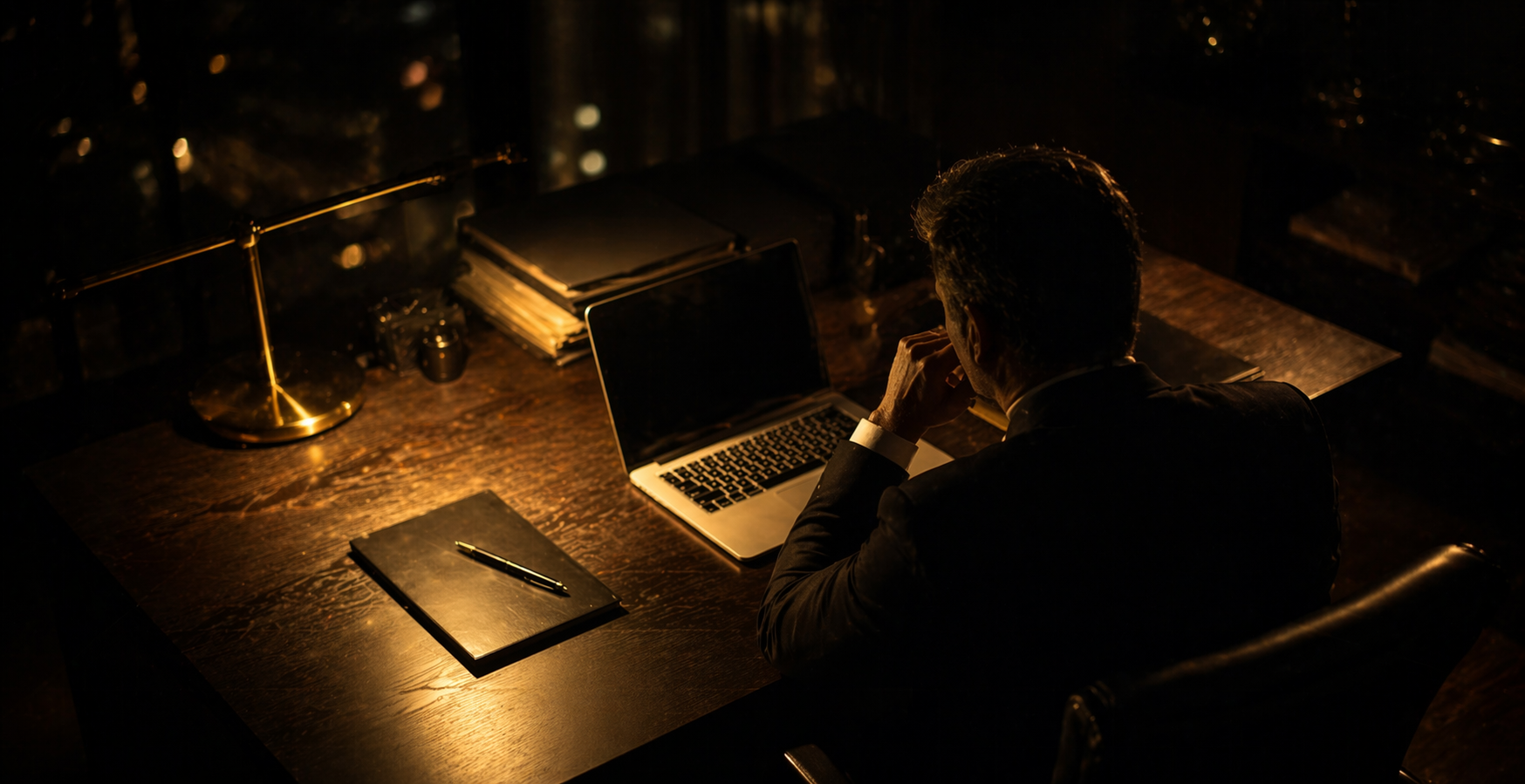 Executive working alone late at night — using an AI thinking partner for confidential leadership decisions