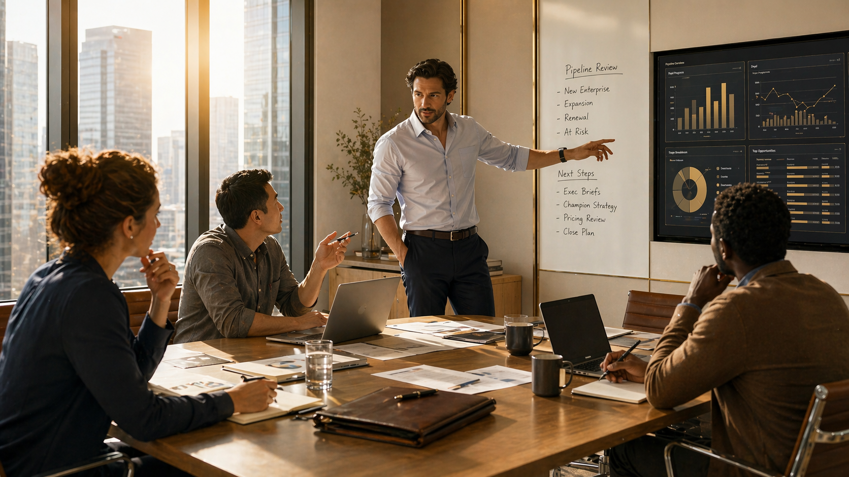 Sales leader reviewing a pipeline dashboard before a pipeline review meeting — AI for pipeline reviews