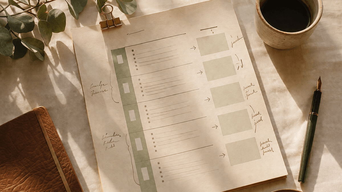 A printed offsite agenda with decisions and outcomes annotated alongside time blocks — building an agenda backward from decisions