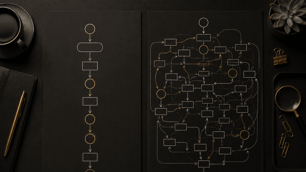 A process map showing the documented seven-step flow beside the real twenty-three-step flow with hidden handoffs — AI-assisted process mapping