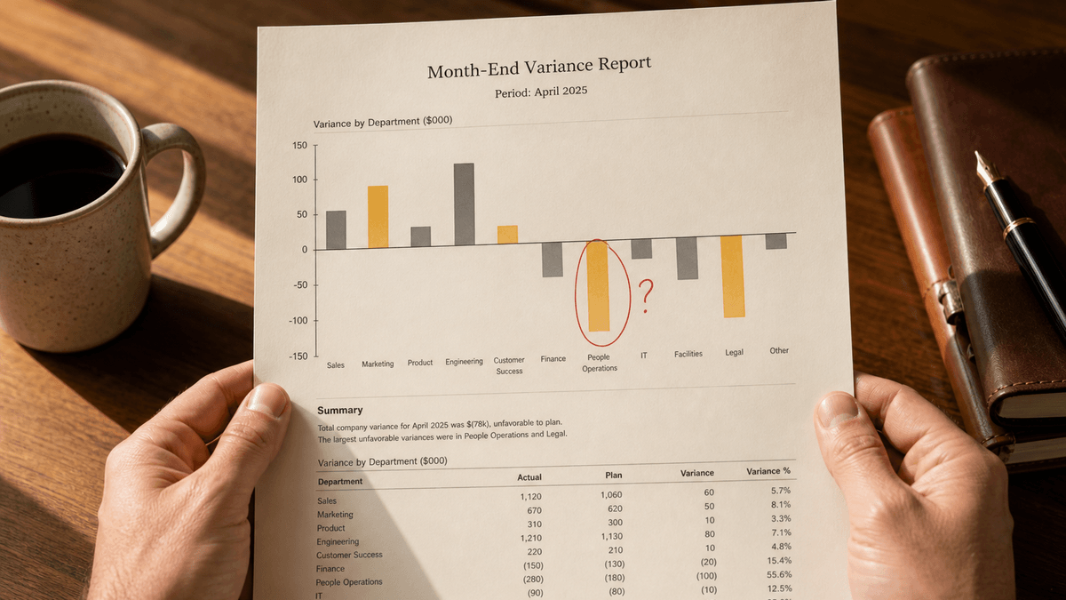 Month-end close working papers and variance analysis on a desk