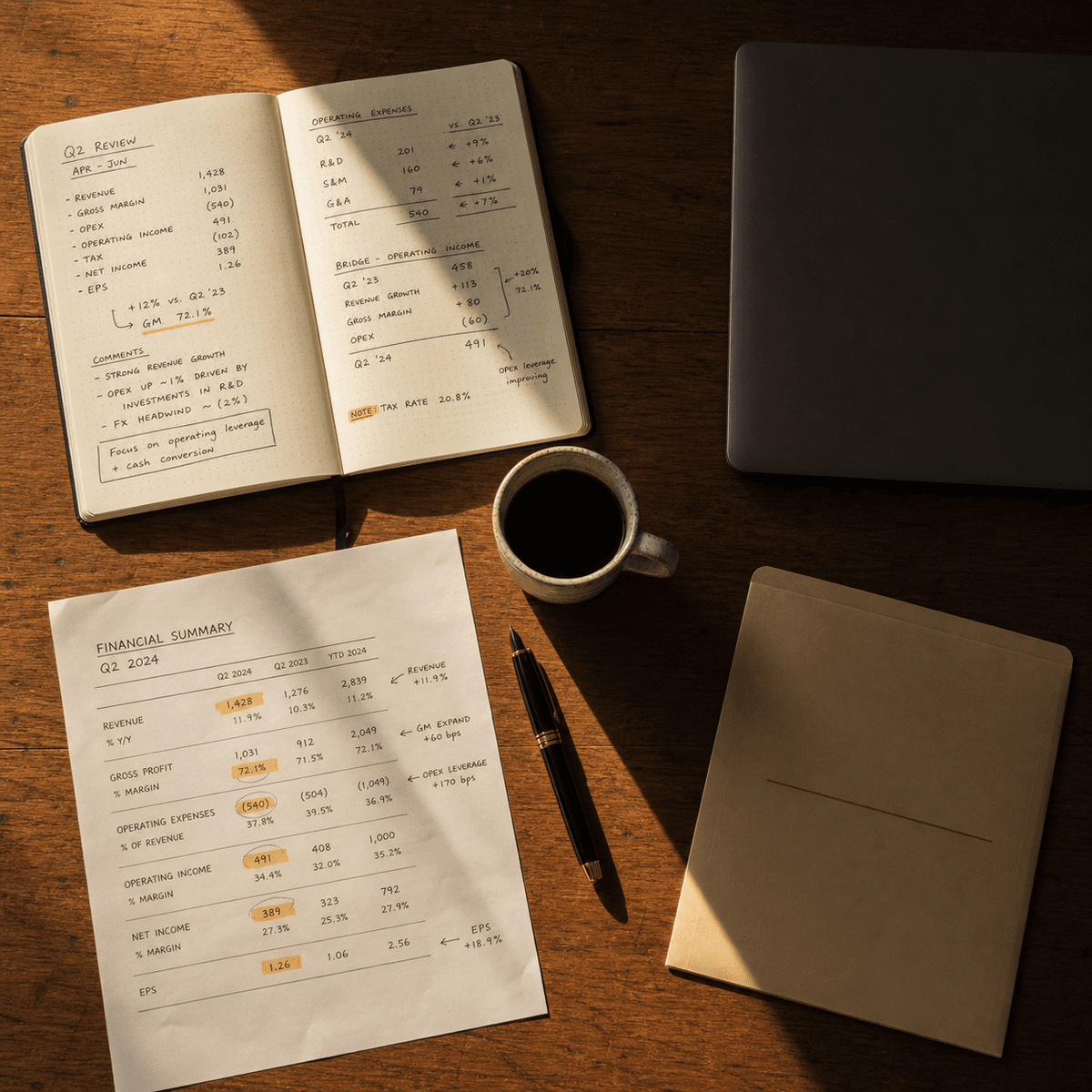 Boardroom table set for a finance review