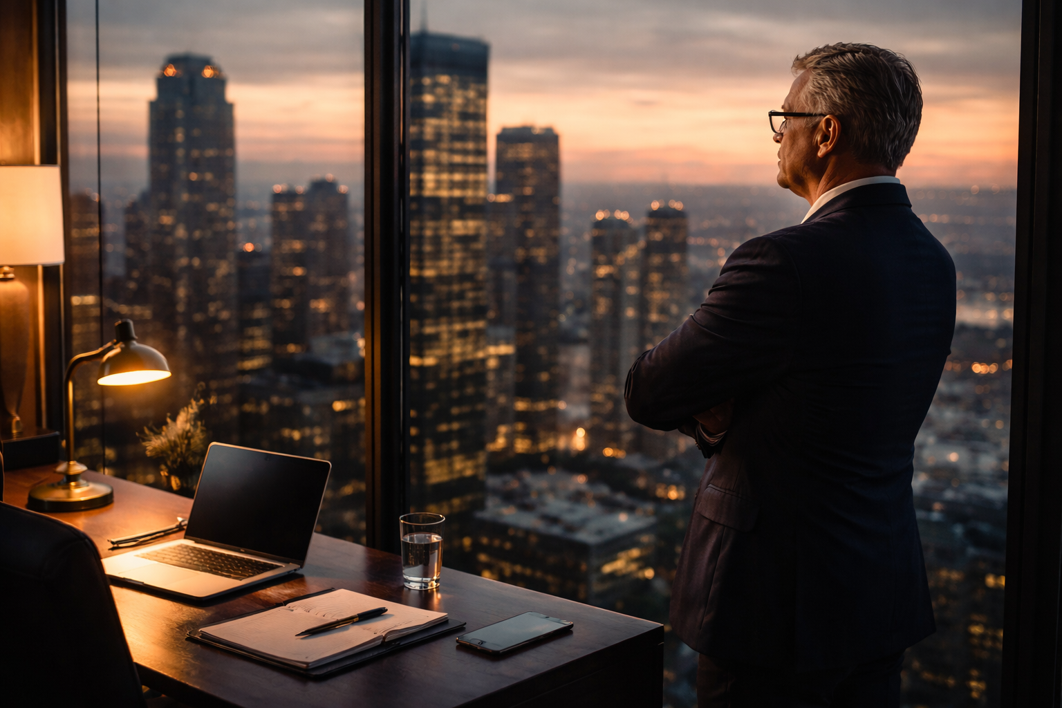 Executive standing in a glass-walled office overlooking a city skyline at dusk