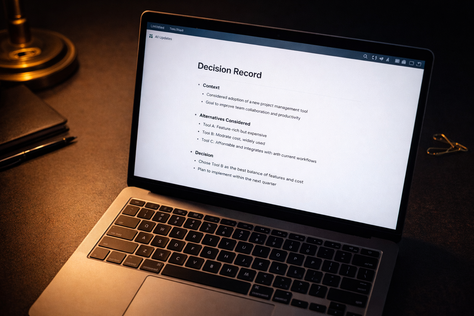 Laptop screen showing a structured decision record document with headings and bullet points