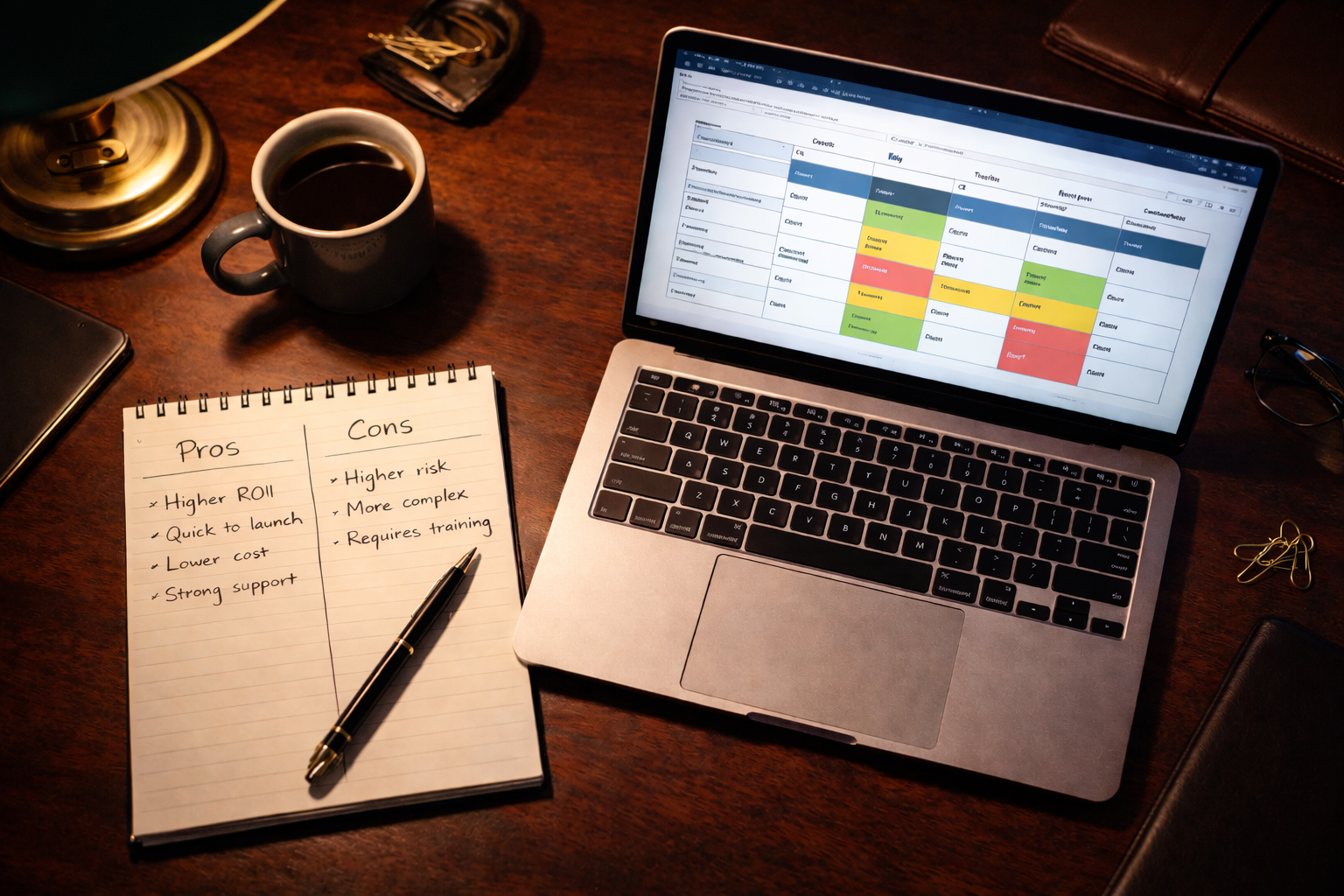 Executive desk with laptop showing decision matrix, notepad with pros and cons, and coffee