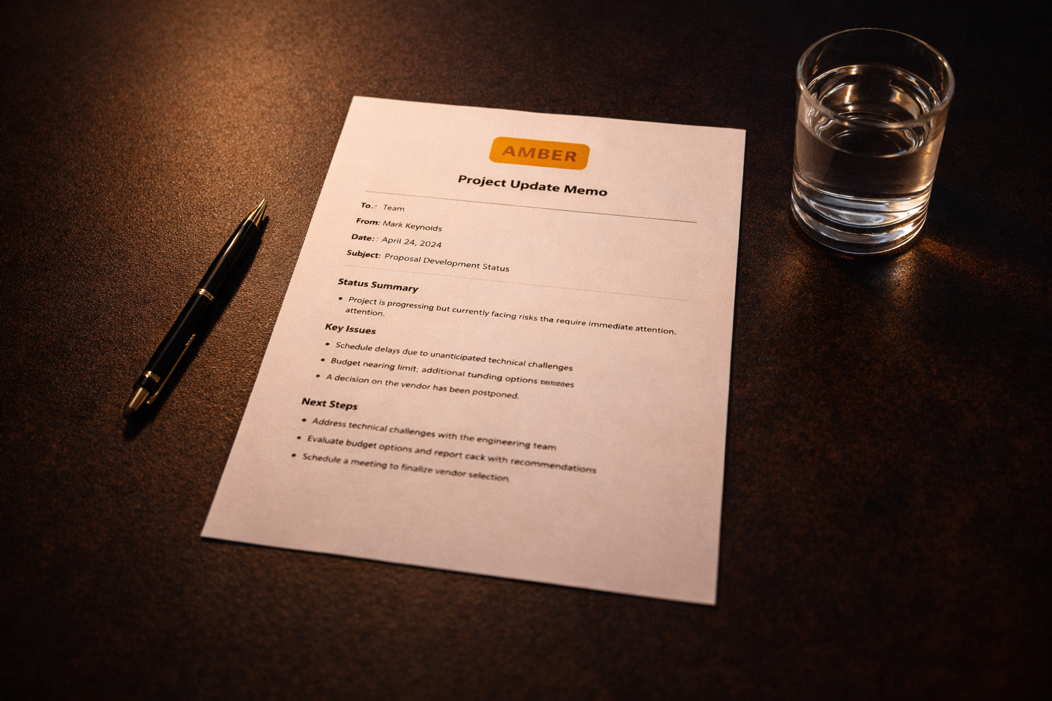 Printed project update memo with AMBER status on a dark conference table