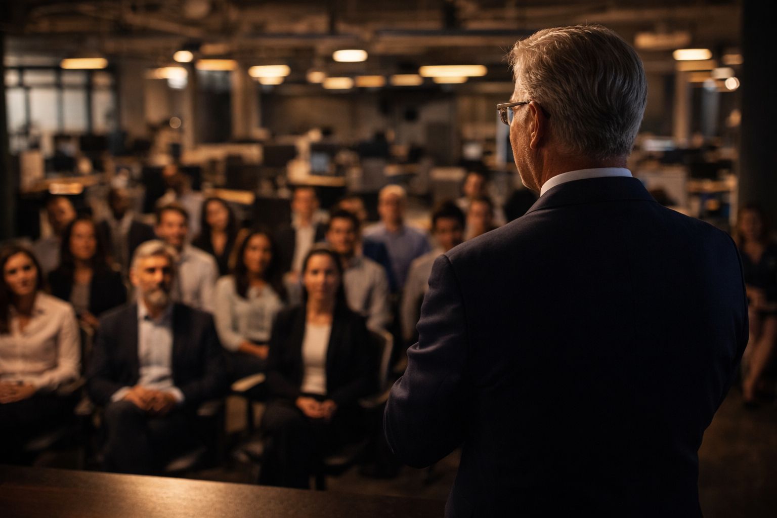 Senior executive addressing colleagues at an all-hands meeting in a modern open-plan office