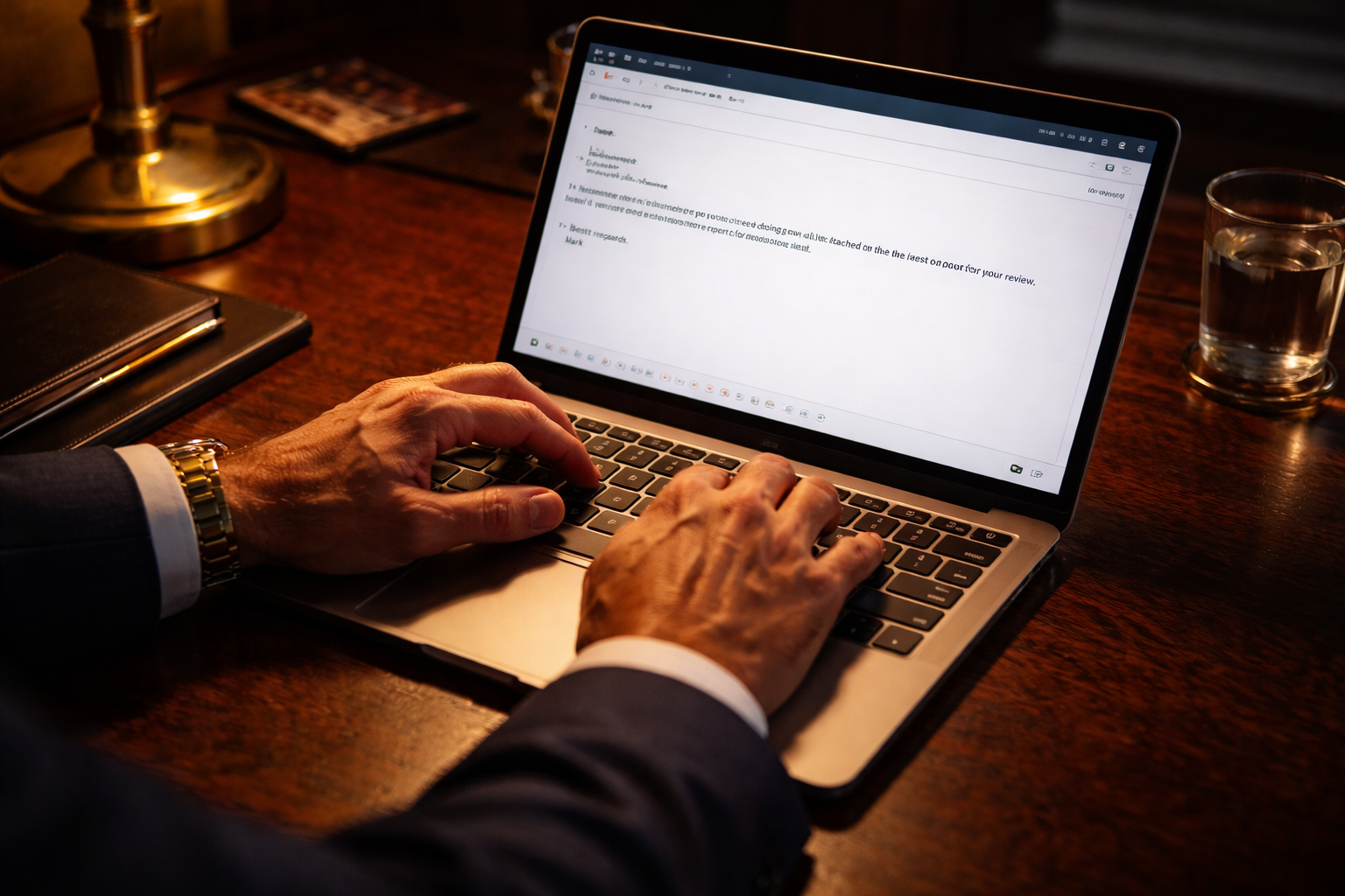Executive hands typing a focused email on a laptop at a dark mahogany desk