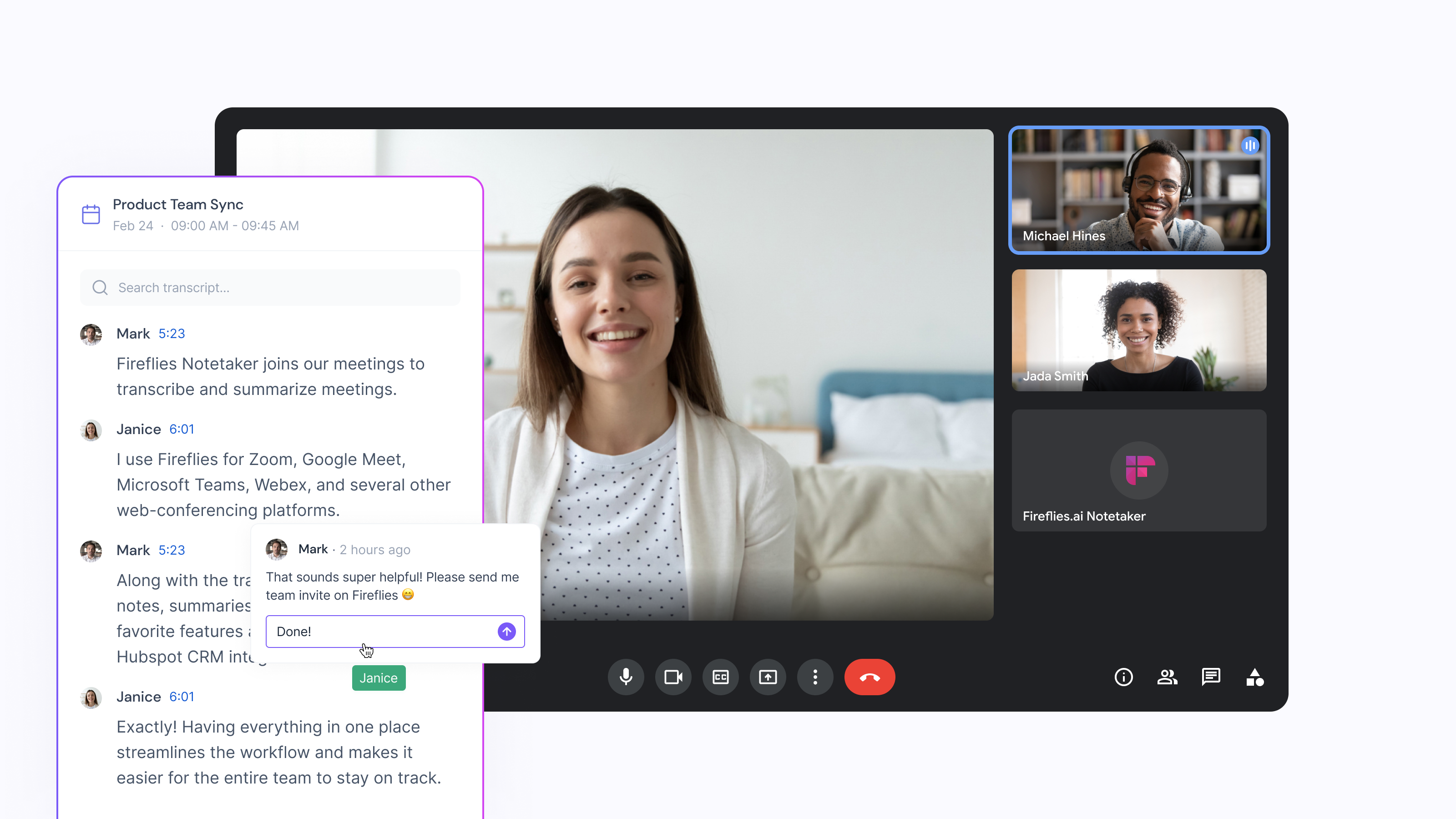 Fireflies.ai Notetaker joining a video call and transcribing in real time