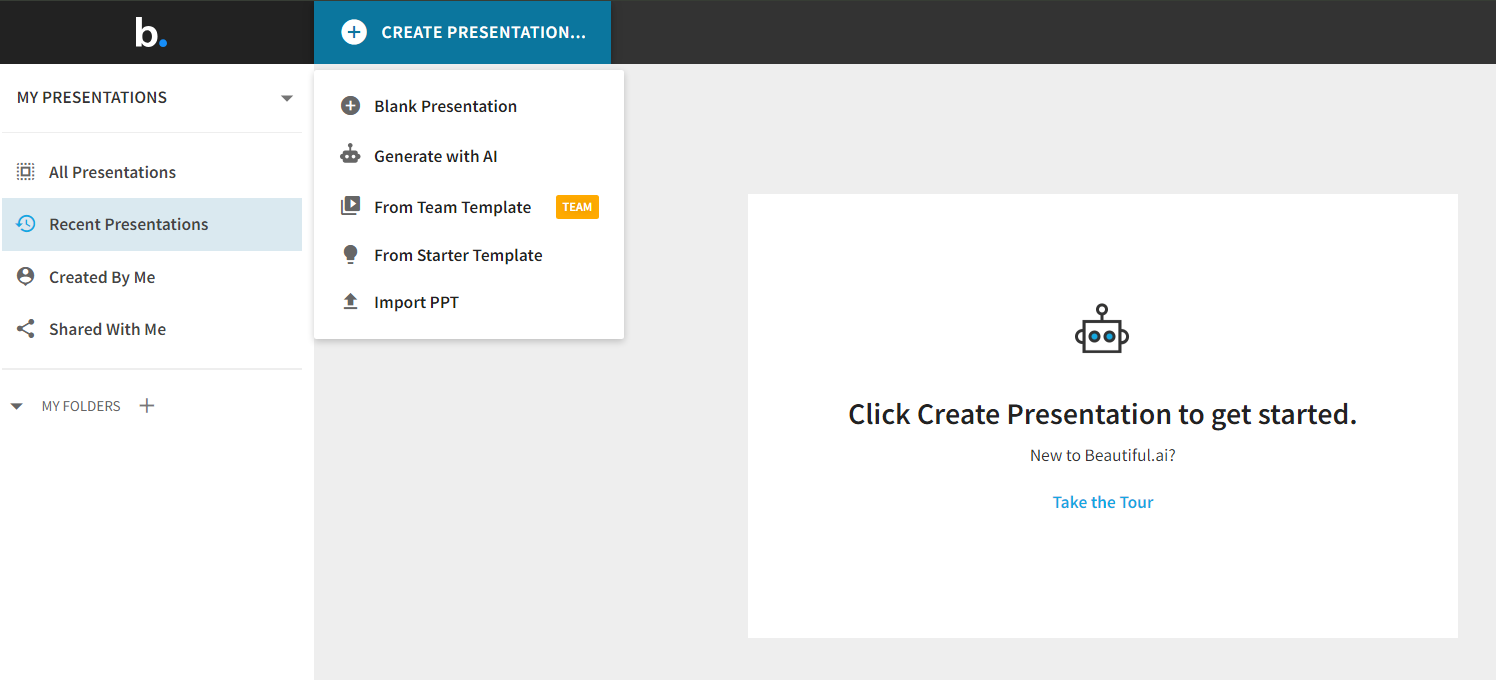 Beautiful.AI DesignerBot prompt entry screen for generating a presentation