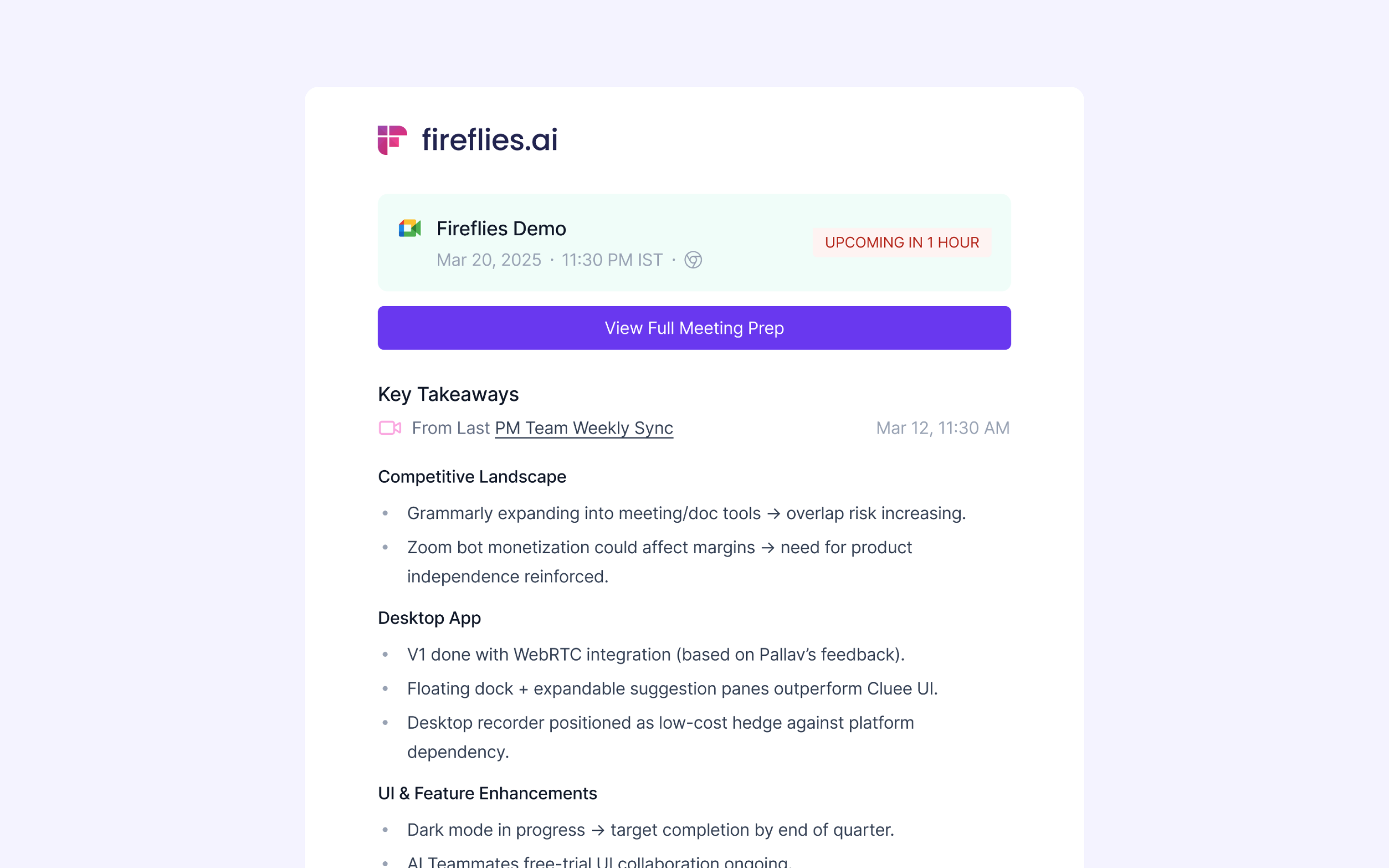 Fireflies.ai meeting preparation view