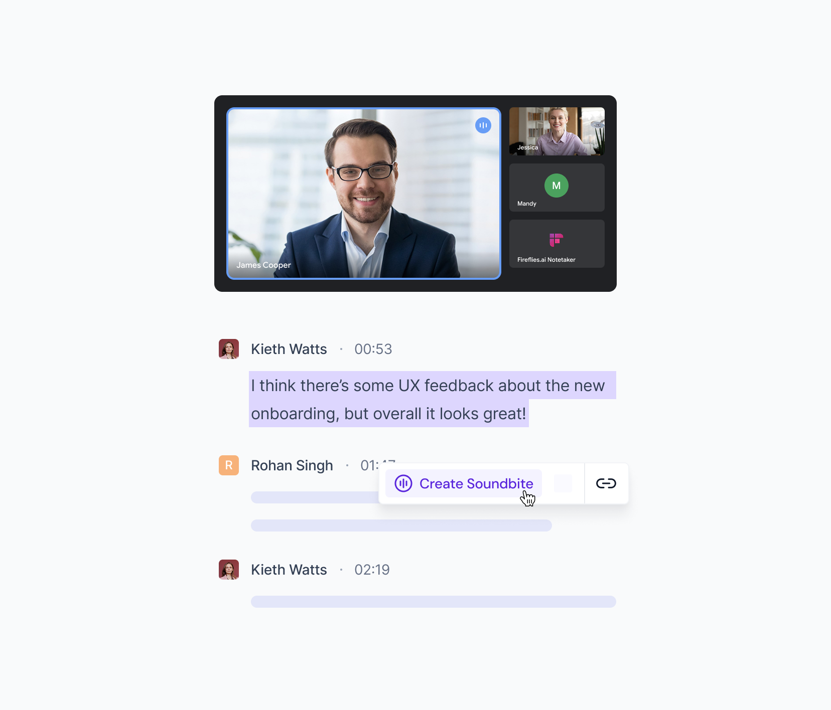 Fireflies.ai soundbites feature showing shareable call clips