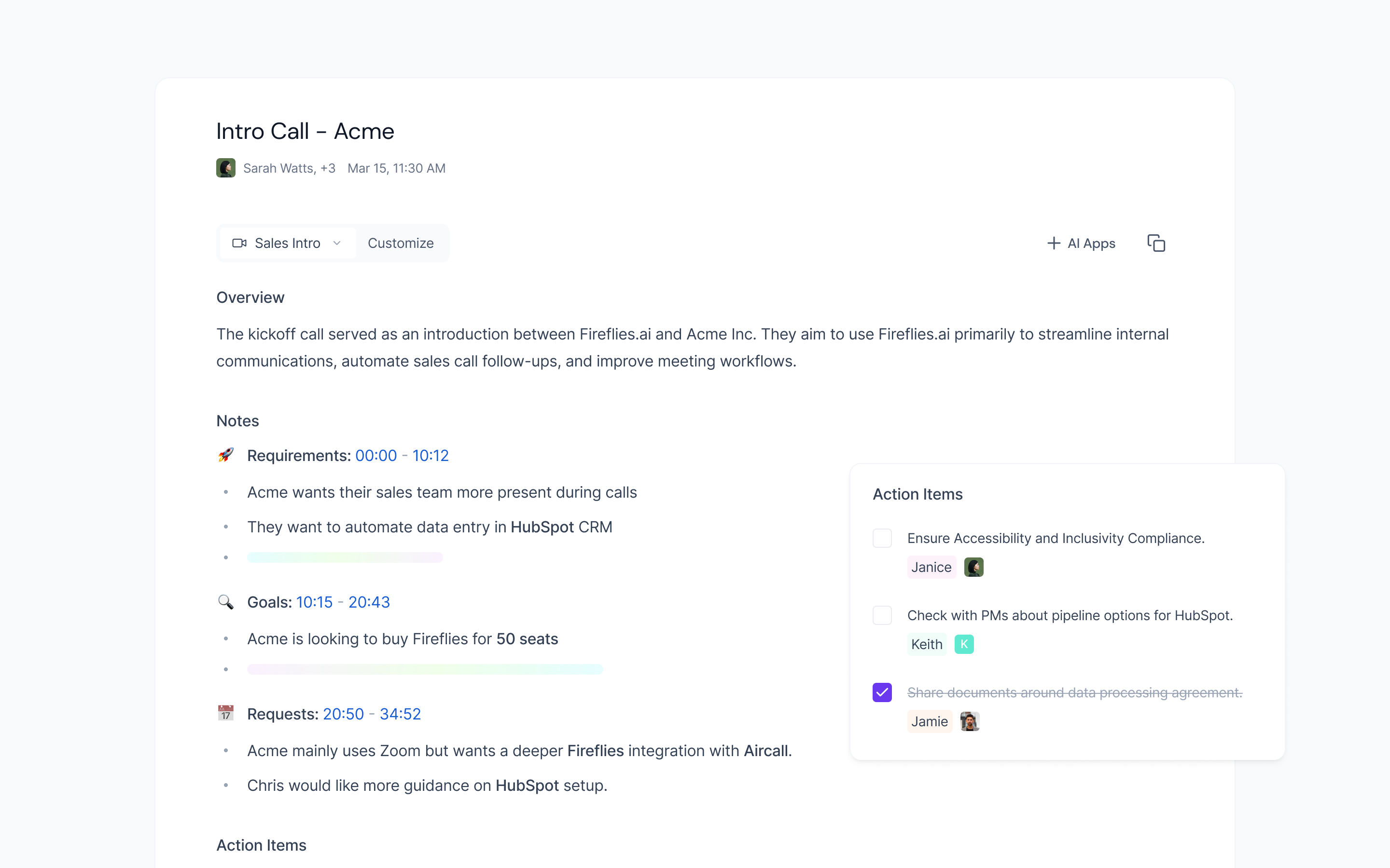 Fireflies.ai summary and action items view