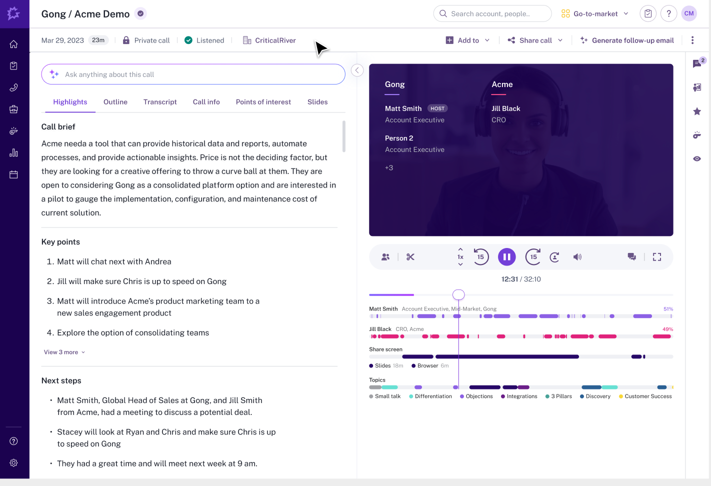 Gong call spotlight highlights showing key moments flagged in sales calls