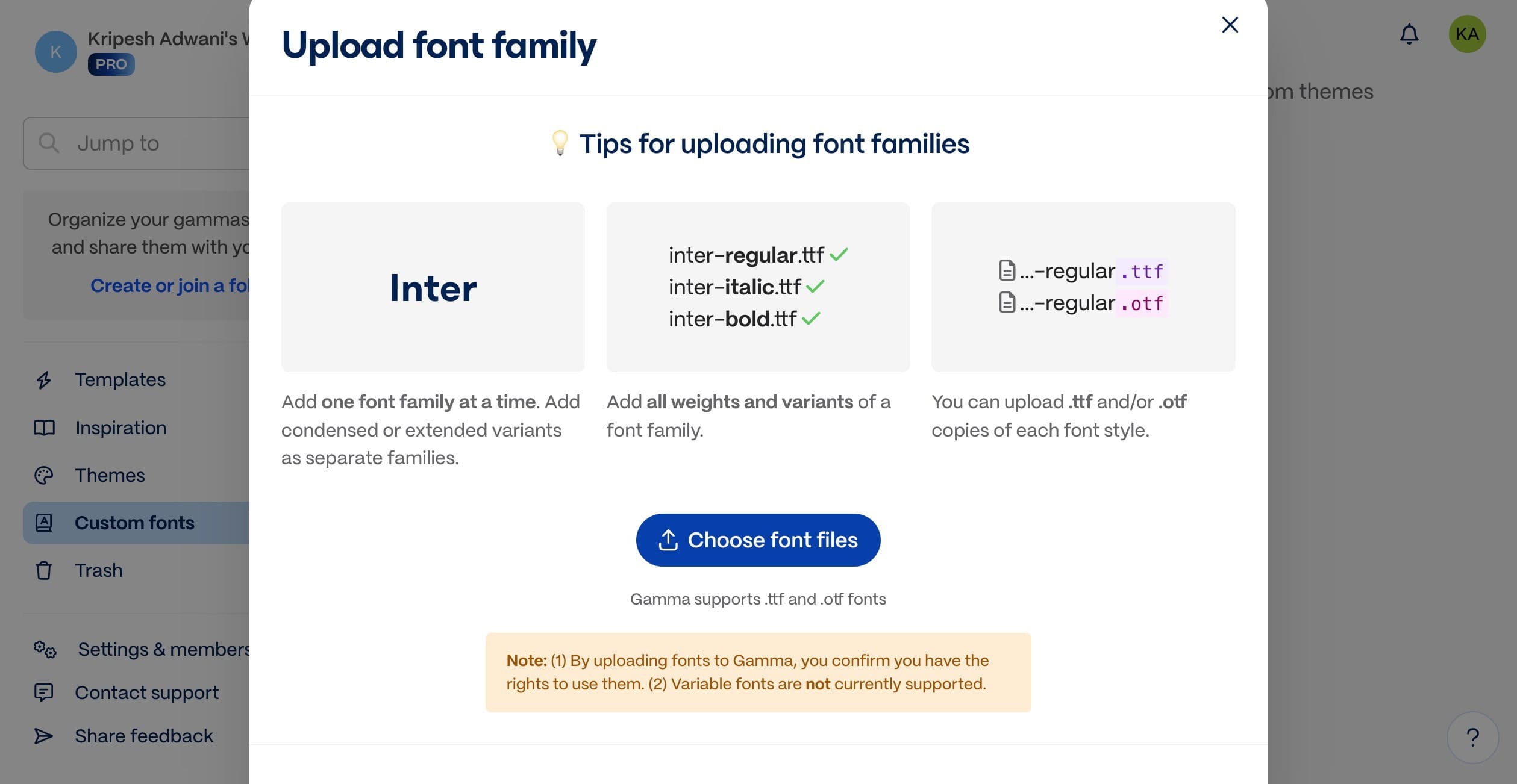 Gamma custom themes and fonts panel — individual-level brand options