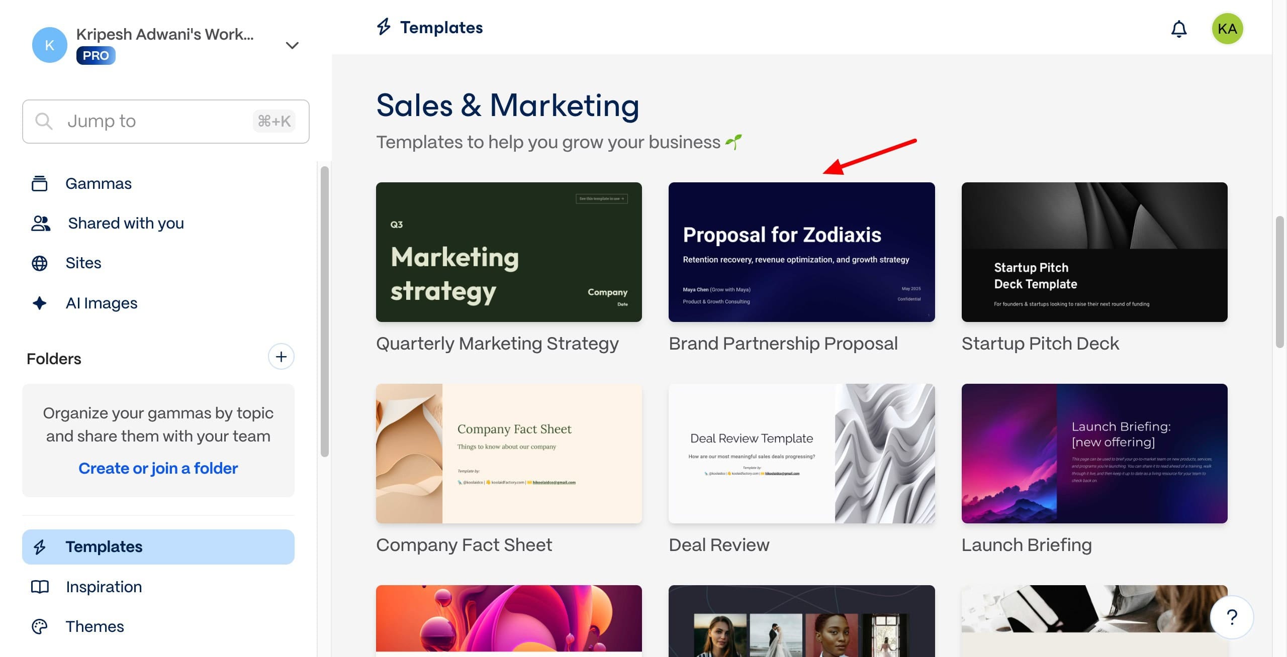 Gamma template library showing the design register of generated decks