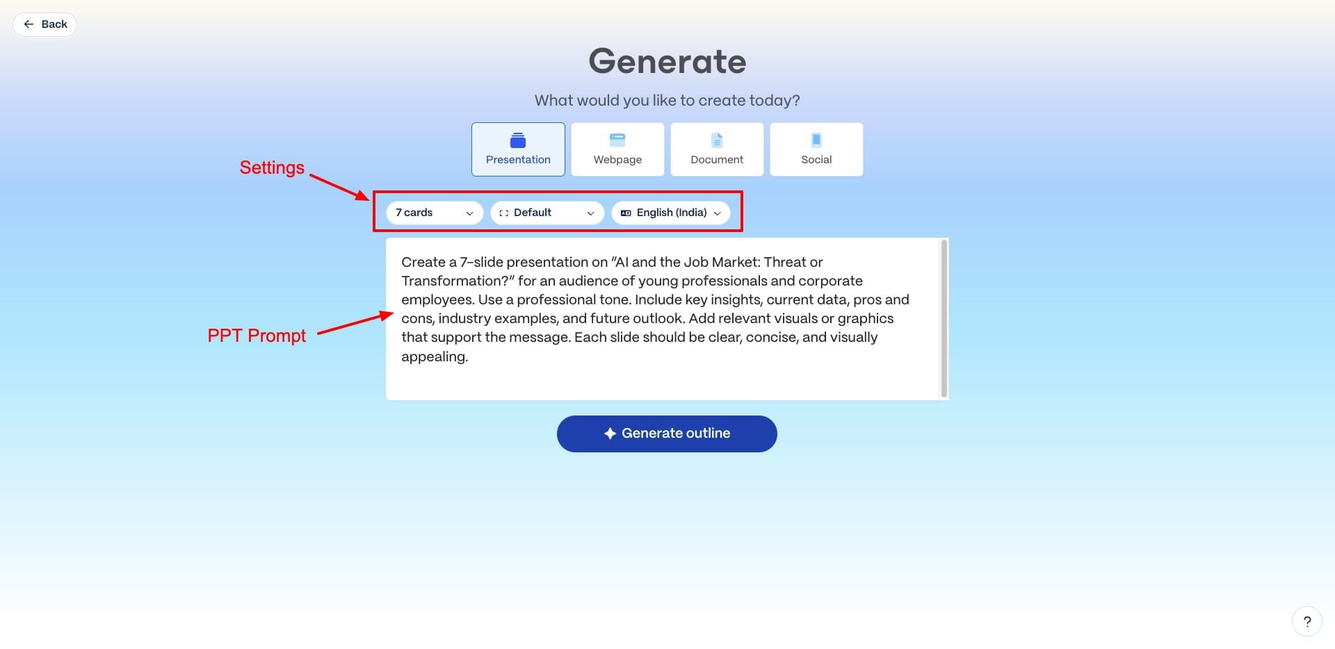 Gamma AI presentation generation flow — prompt input becoming a structured deck